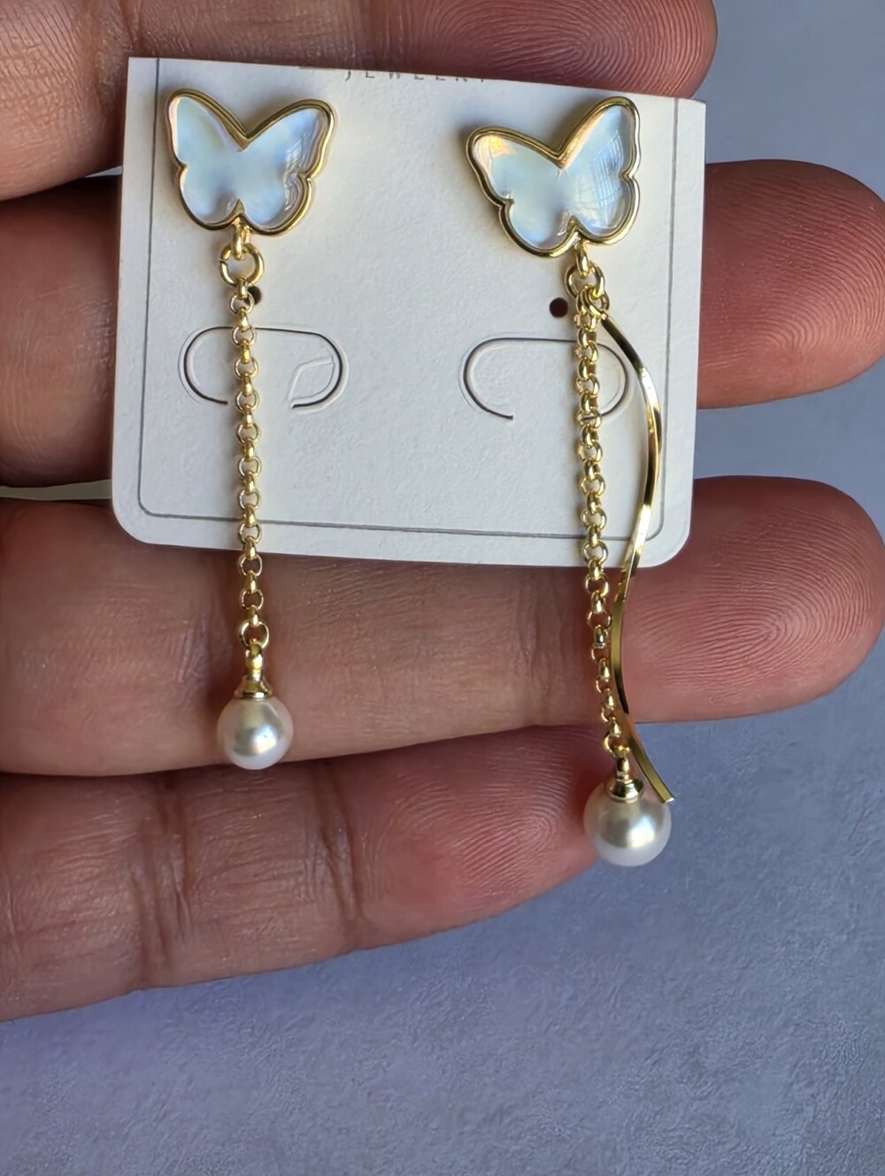 ✨ New Gold Plated Butterfly Pearl Drop Earrings Iridescent Mother of Pearl Look